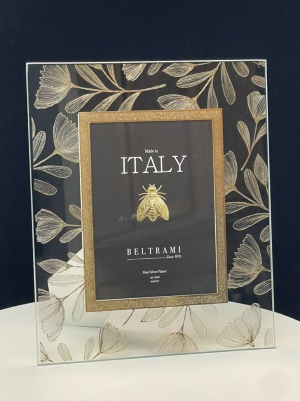 Beltrami Italy Silver Plated 5x7 Frame Gold Floral Glass Photo Holder - Picture 8 of 8
